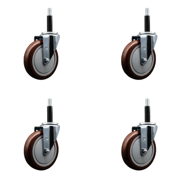 5'' SS Maroon Poly Wheel Swivel 3/4'' Expanding Stem Caster Set, 4PK